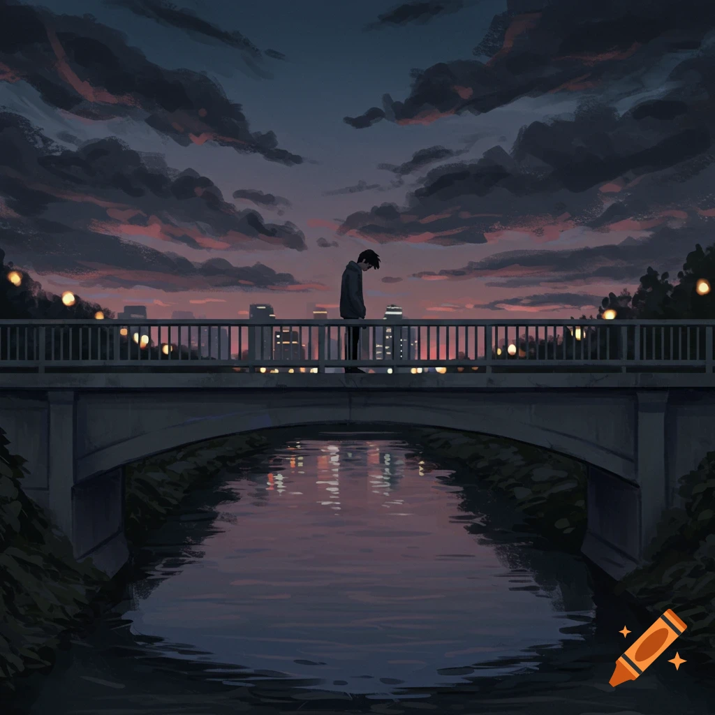 A lone figure stands on a bridge over a river at dusk with city lights in the background.
