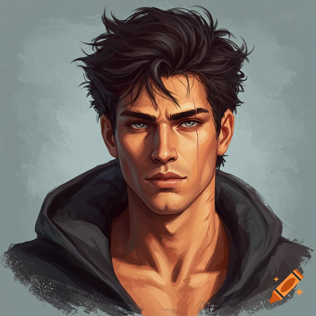 A young man with dark messy hair, gray eyes, a facial scar, and a black hoodie.