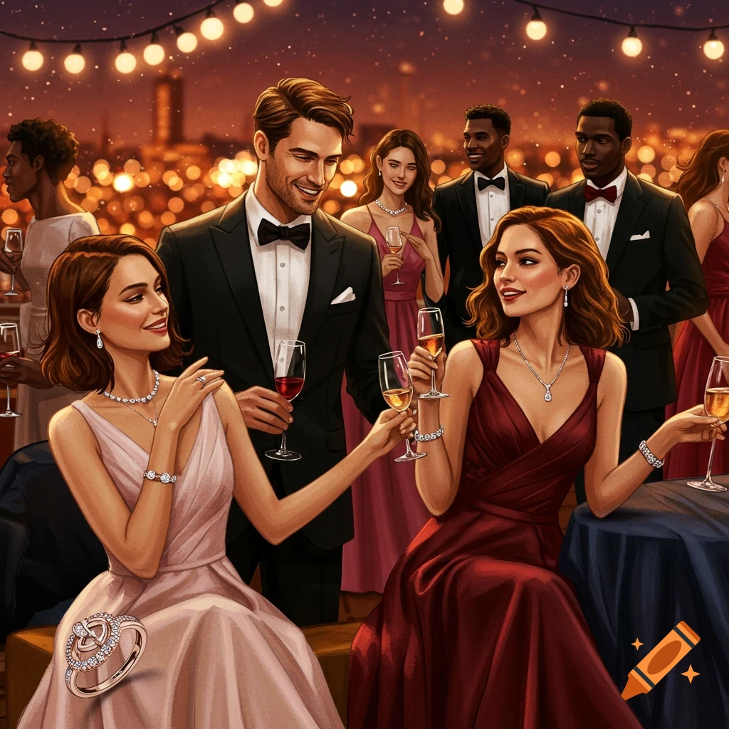 People in formal attire at a party, holding drinks, with city lights in the background. Jewelry is visible.