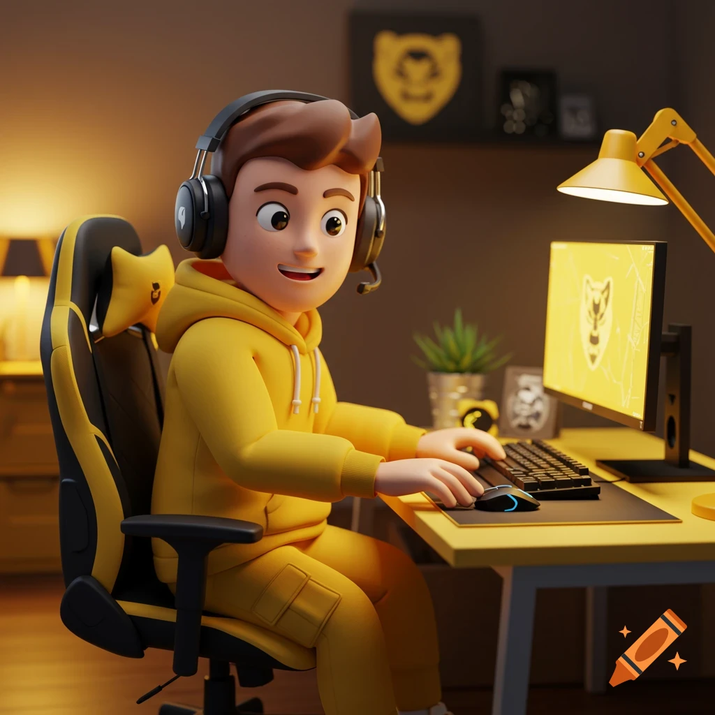 A 3D cartoon boy in a yellow hoodie sits in a gaming chair, playing on a computer with headphones.