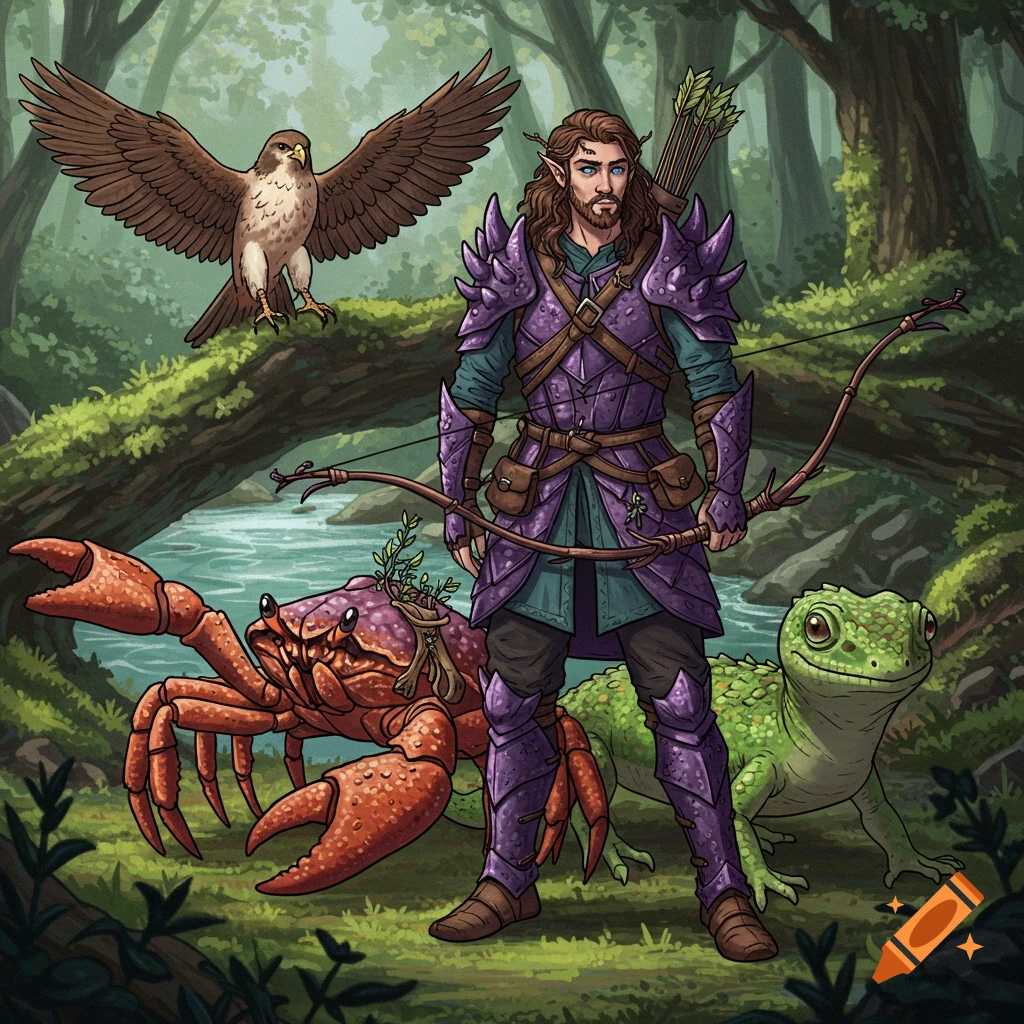Fantasy ranger character with purple armor, bow, hawk, giant crab, and giant gecko in a forest.