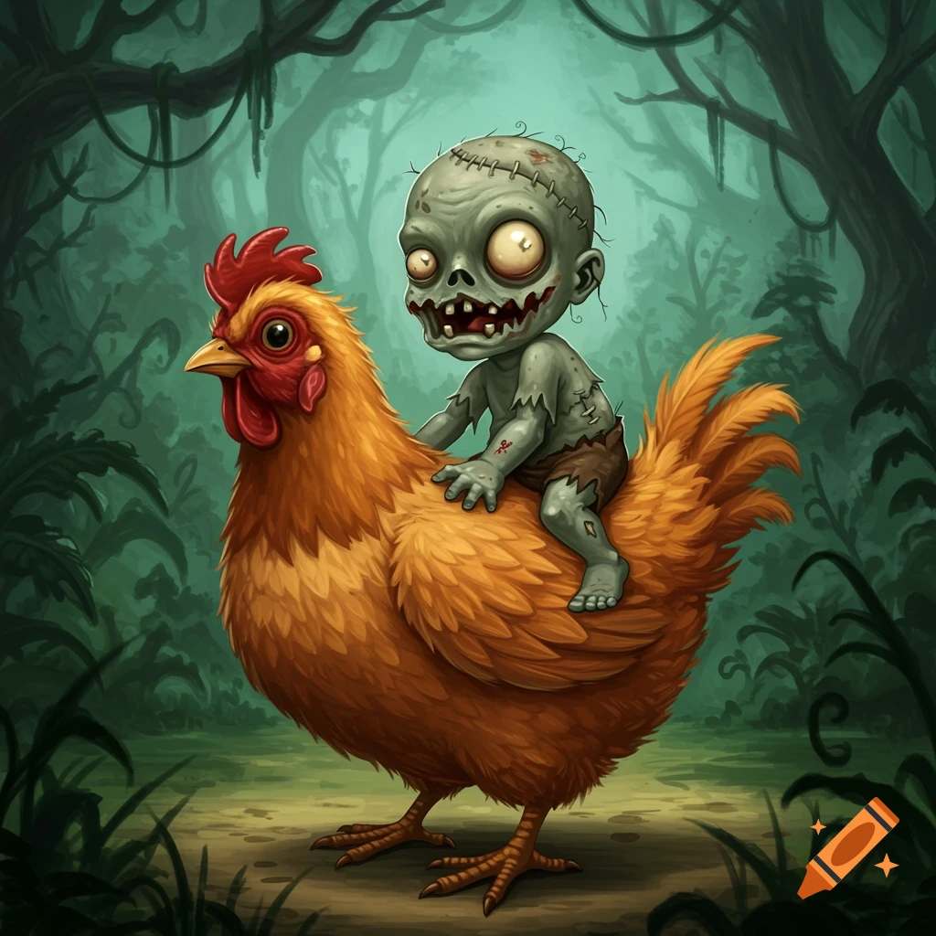 Cartoon baby zombie riding a chicken in a dark forest.
