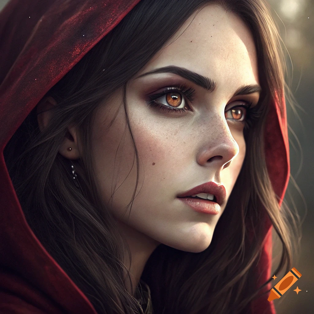 Close-up portrait of a woman with brown hair wearing a red hood, looking away.
