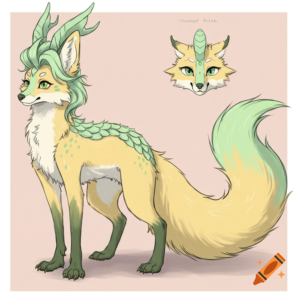 Illustration of a fantasy fox-kirin hybrid creature with yellow fur and green markings, standing and a headshot.