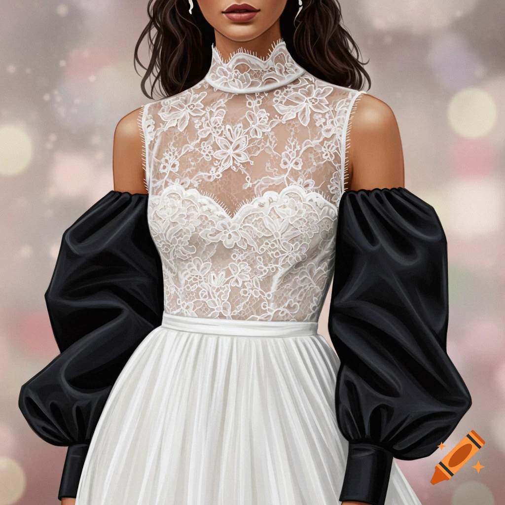 A woman in a white lace dress with black balloon sleeves.