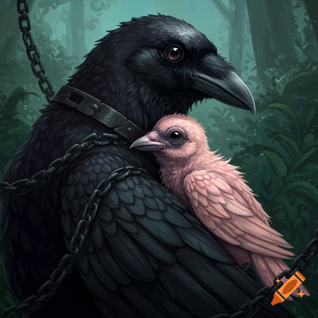 A large black bird wrapped in chains, holding a small pink bird against its chest in a forest.
