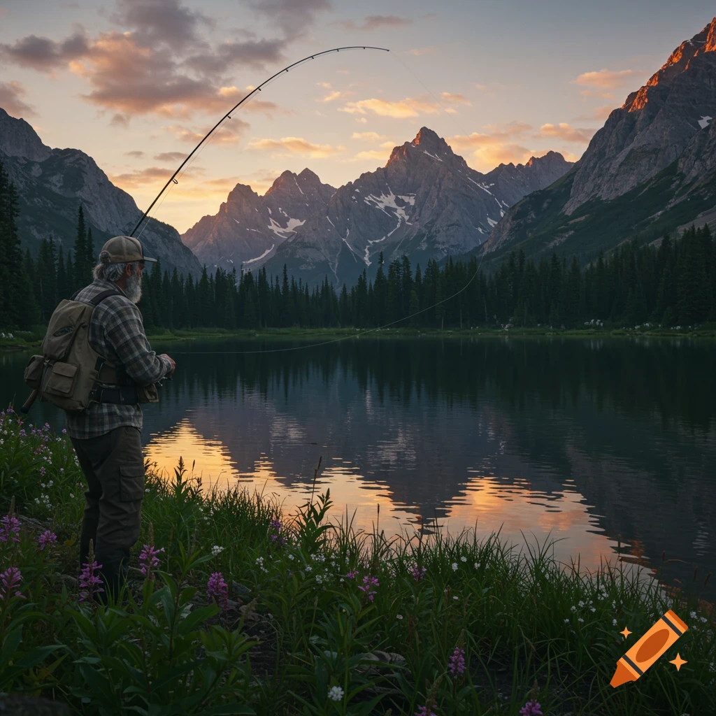 A fisherman casts a line into a mountain lake at sunset, with wildflowers in the foreground.