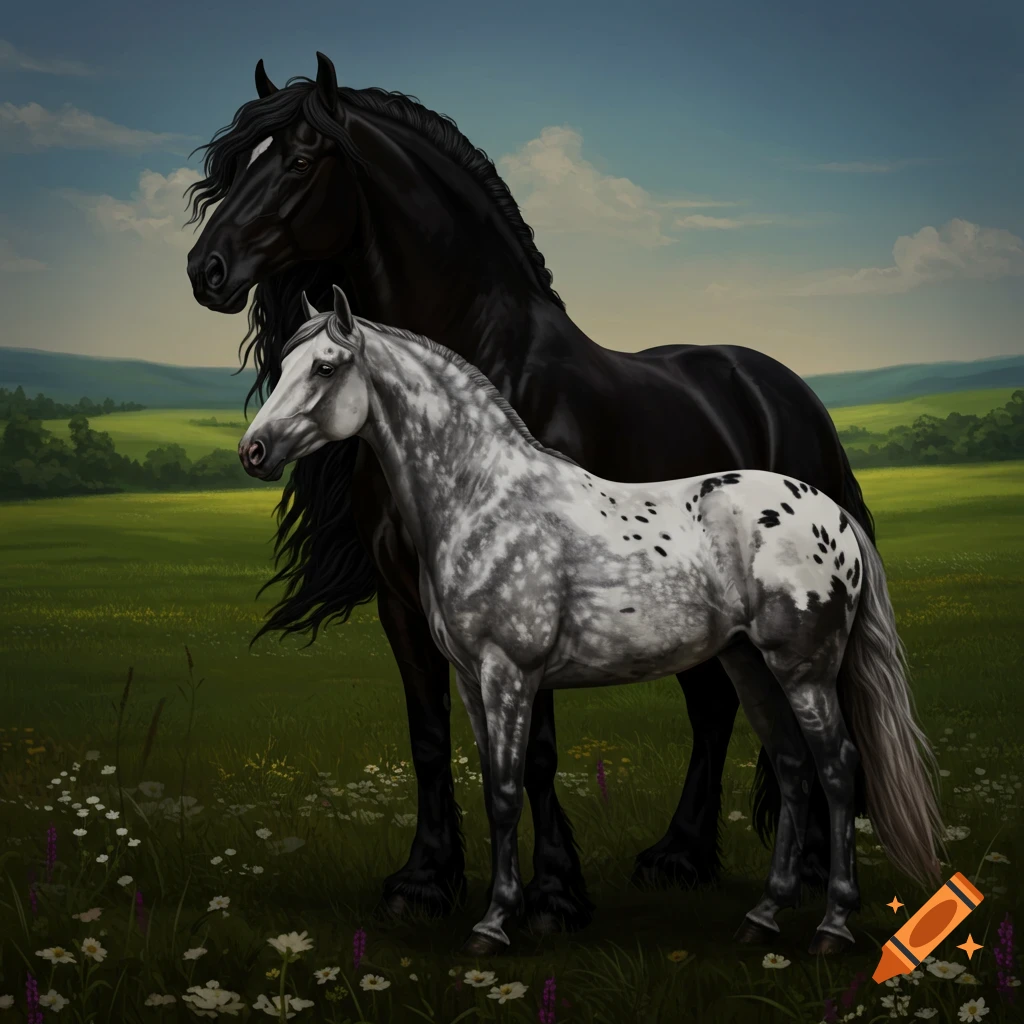 A black stallion and a dappled grey mare stand in a green field with flowers.