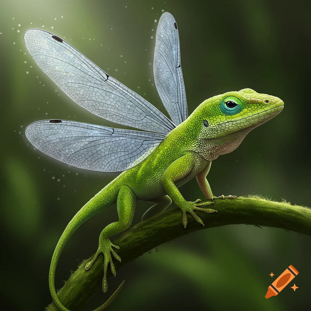 A green lizard with transparent dragonfly wings perches on a branch.