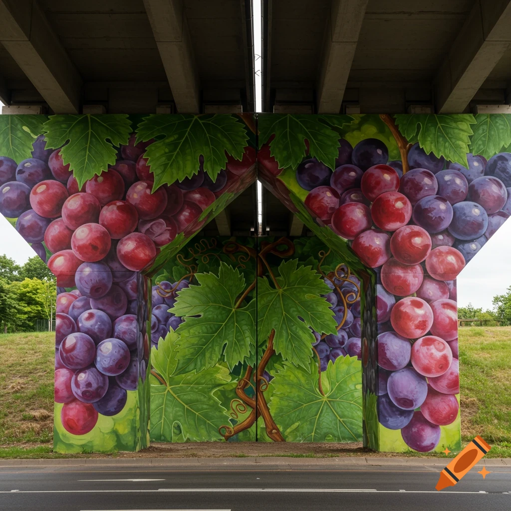 Mural of large red and purple grapes with green leaves painted on concrete highway overpass supports.