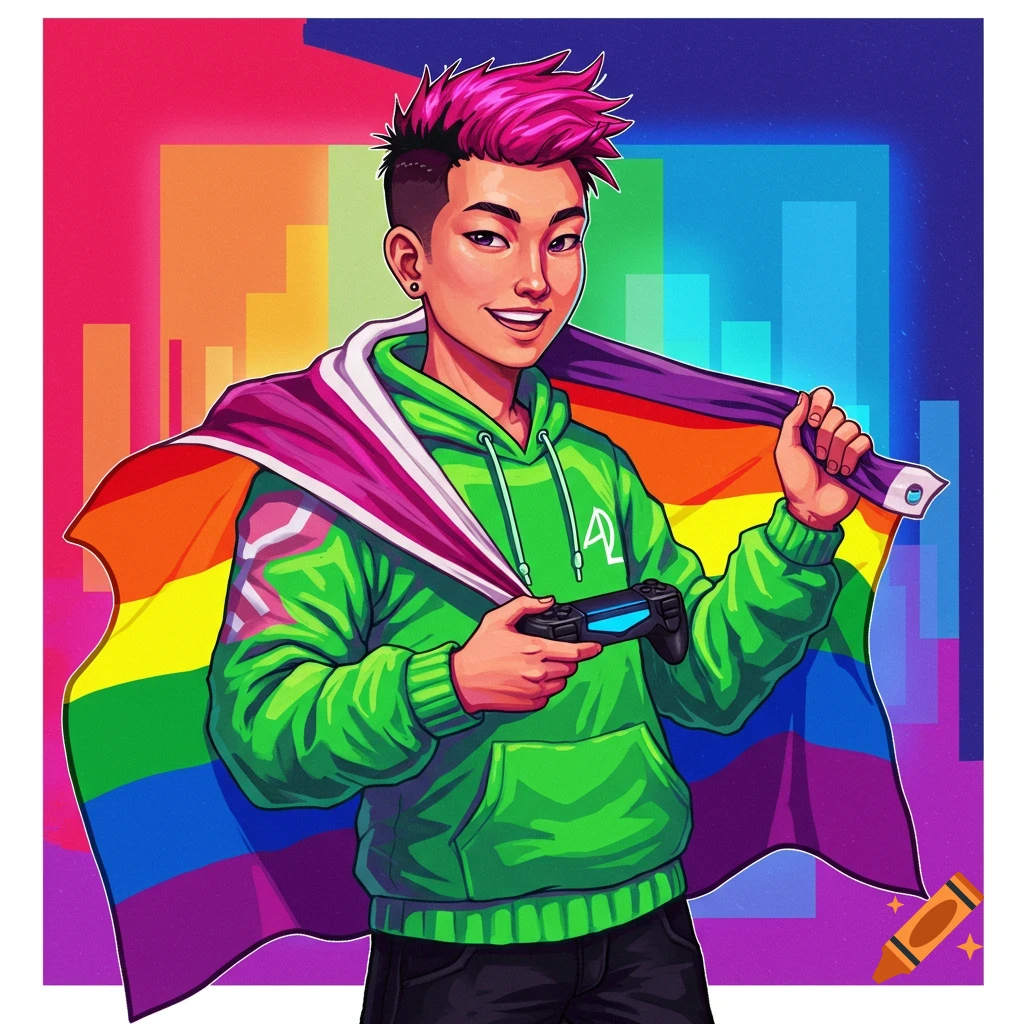 A person with pink hair holds a controller and a rainbow flag.