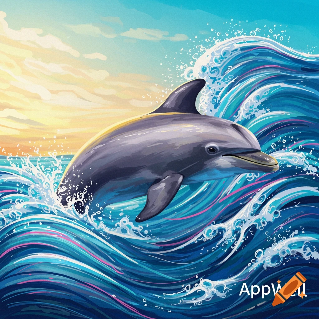 A dolphin leaping through colorful waves at sunset.