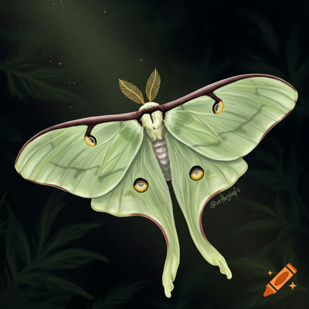 A green Luna moth is captured in mid-flight against a dark backdrop, with the subtle hints of leaves visible in the background.