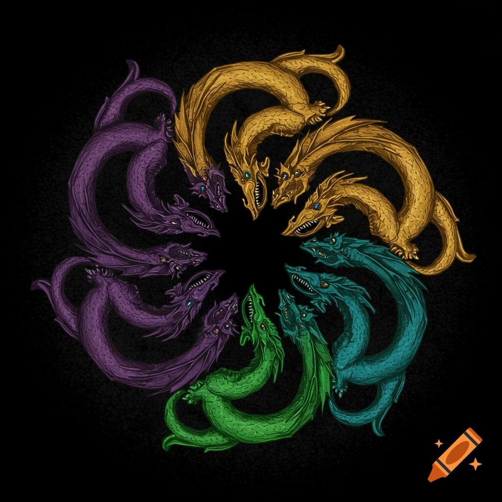 A circular crest design featuring purple, green, blue, and yellow dragons on a black background.