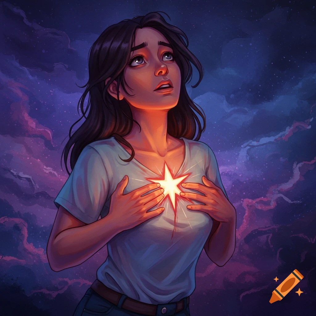 Painting of a woman clutching her chest where a star glows, looking up against a cloudy night sky.