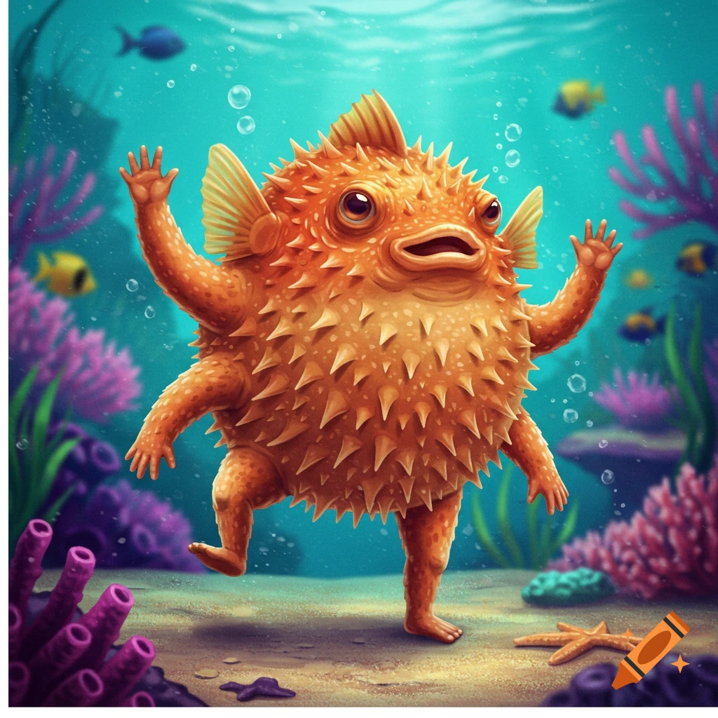 A puffer fish with arms and legs walks on the ocean floor among coral.
