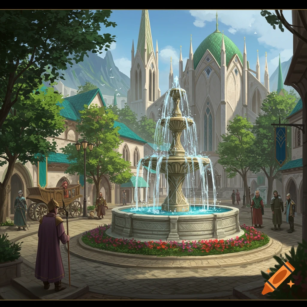 A fantasy city square with a large fountain, buildings with spires, and people walking.