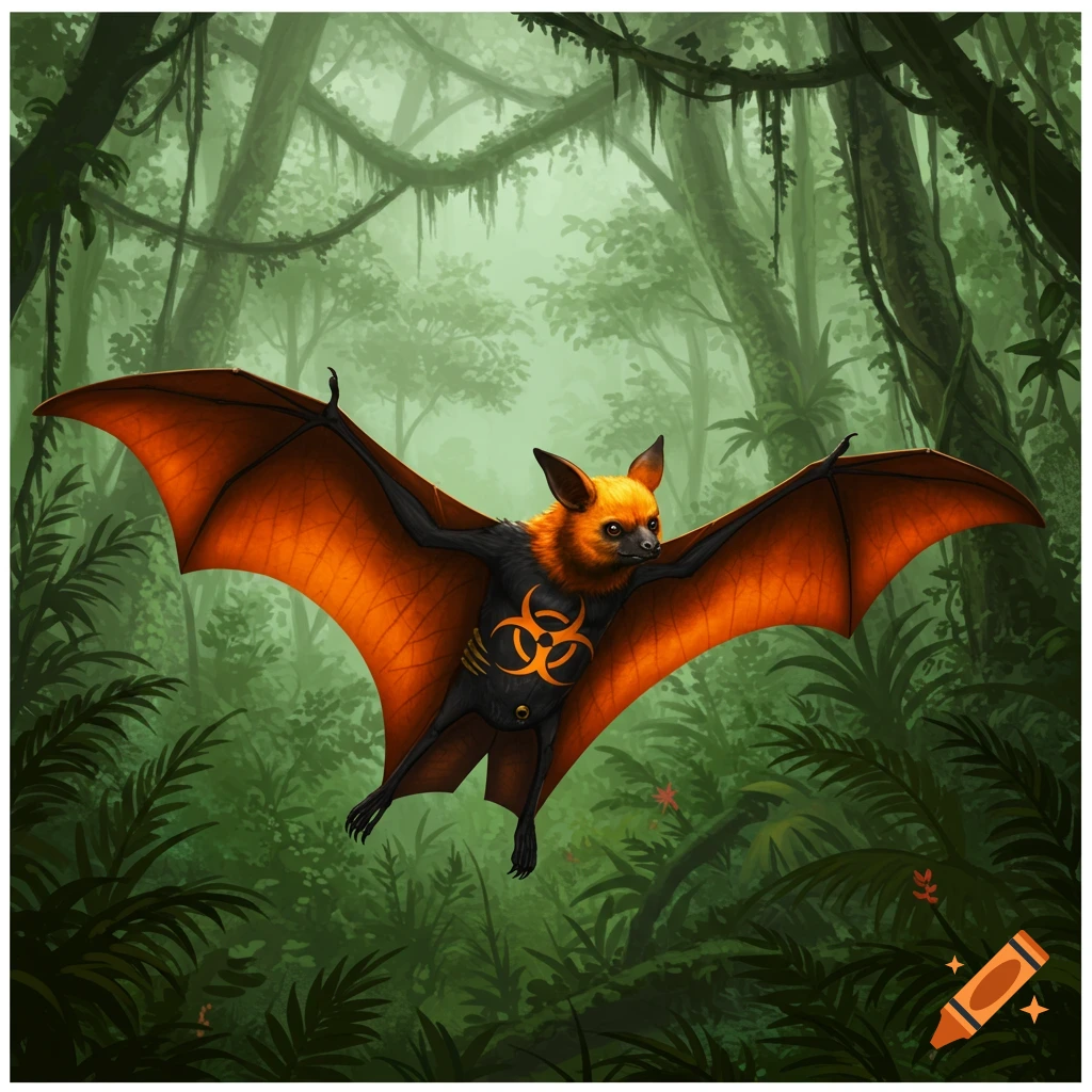 A black and orange flying fox bat with a biohazard symbol is flying through a rainforest.