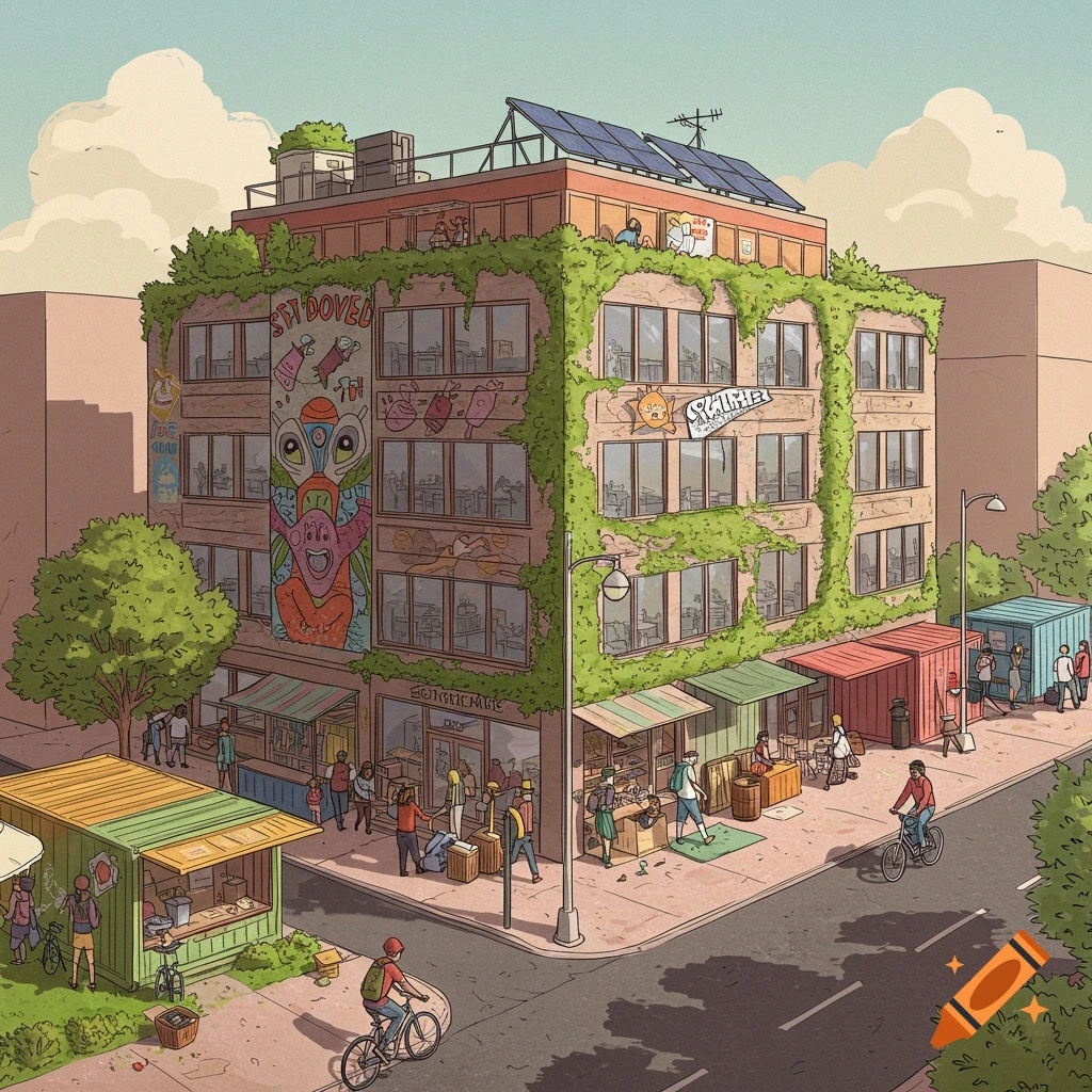 Illustration of a multistory building covered in vines and solar panels, with street markets and people walking and cycling on the sidewalk.