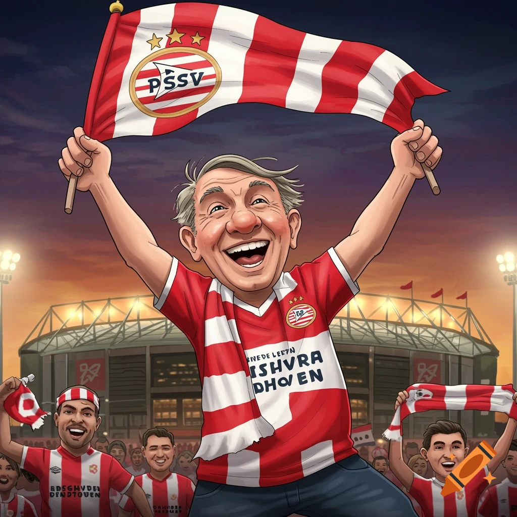 Cartoonish depiction of a joyful football fan holding a PSV flag in a crowded stadium.