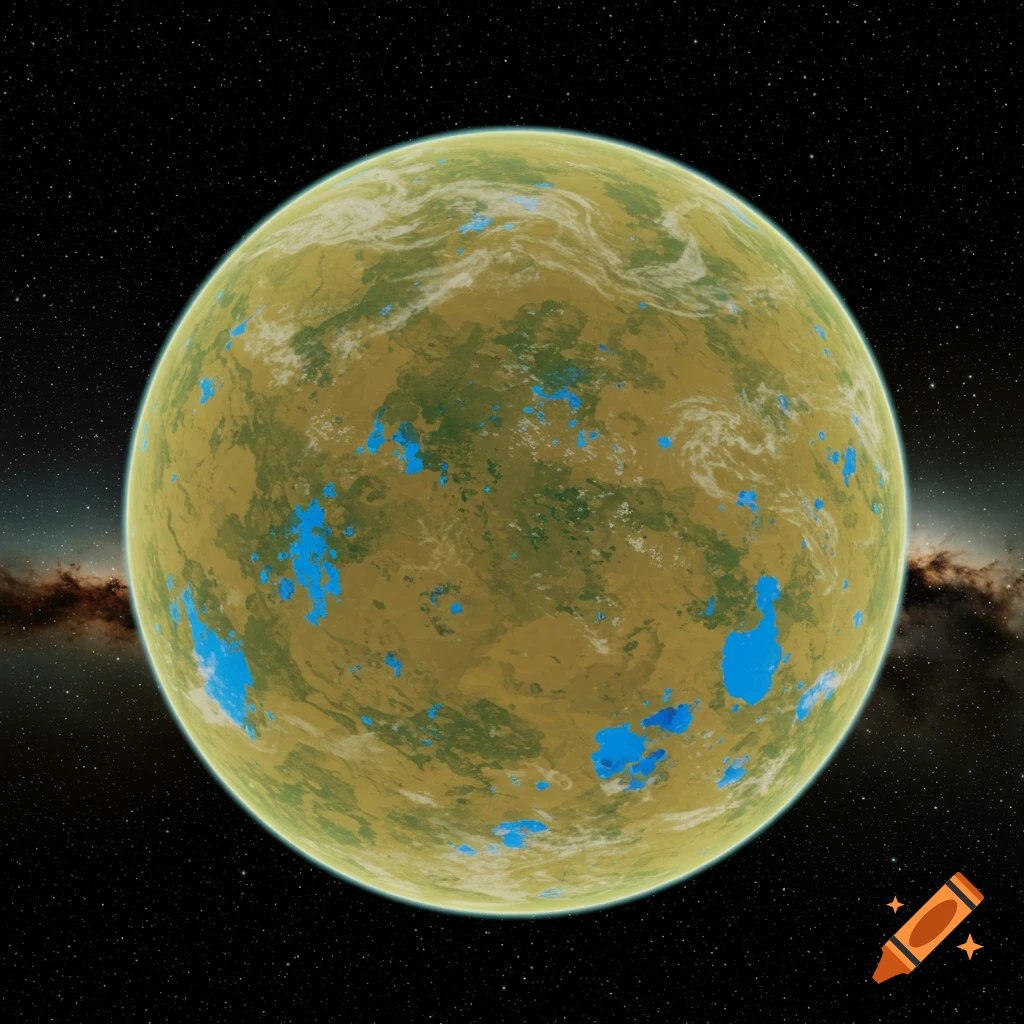 A yellowish-green planet with blue lakes seen from space against a starry background.