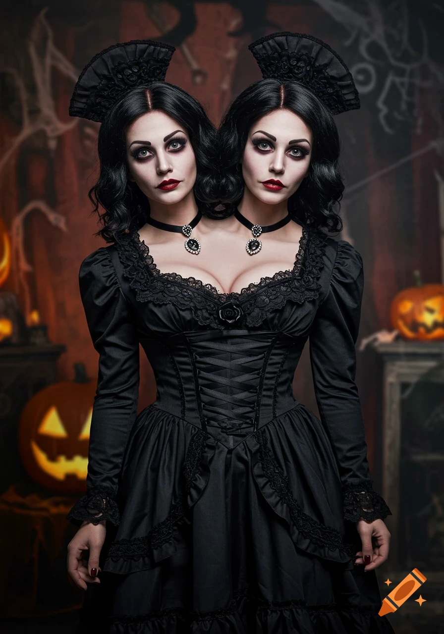 A two-headed woman in a black gothic dress with pumpkins in the background, realistic style.