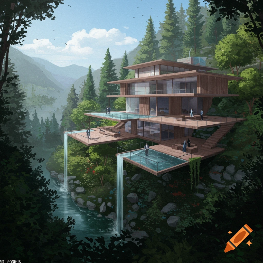 A modern multi-level house on a cliff with terraces and waterfalls flowing into a river below, surrounded by a forest.