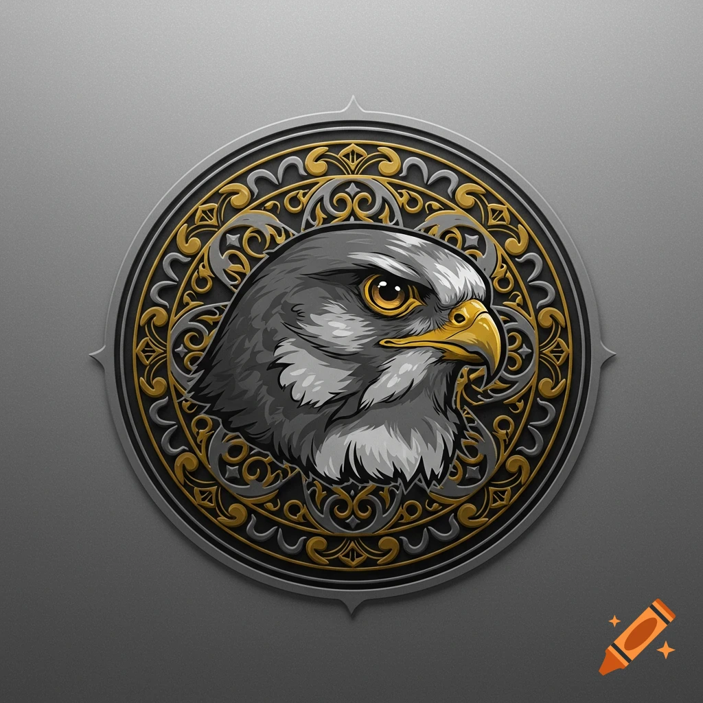 A stylized grey falcon head in a circular logo with gold and grey arabesque details.