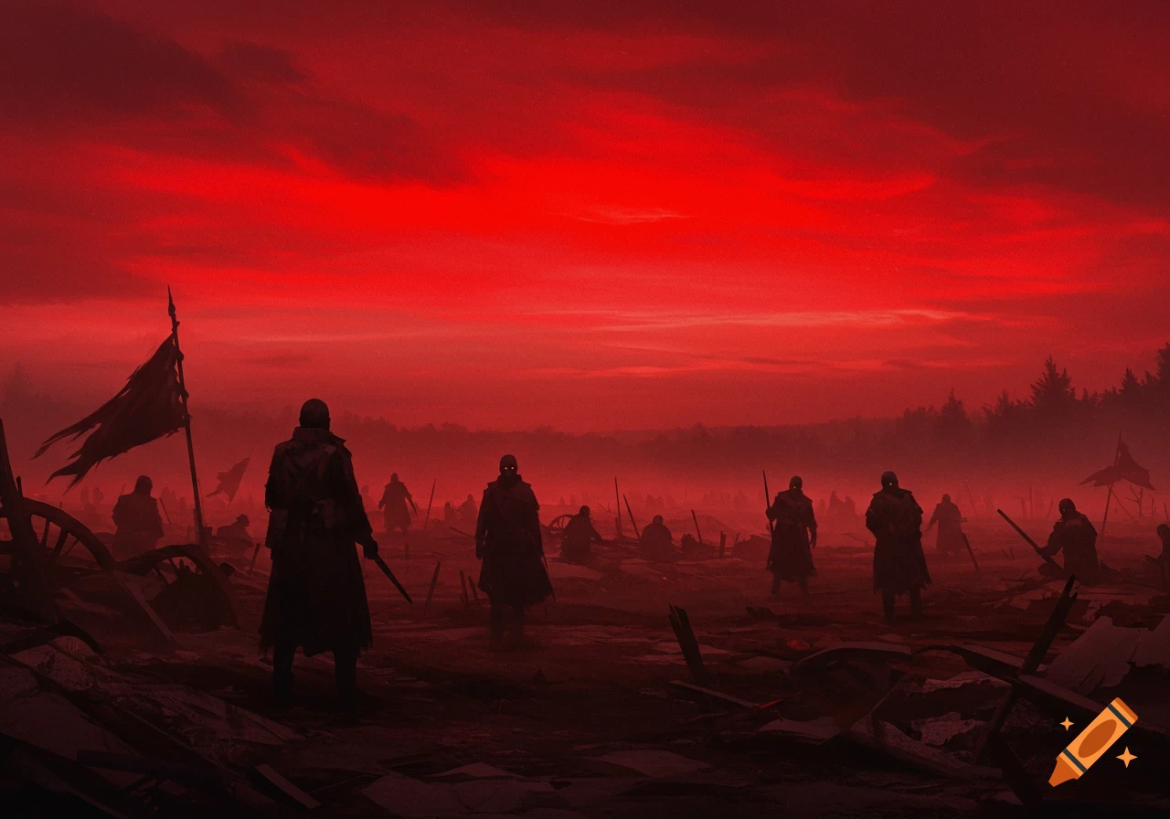 Dark figures on a battlefield under a red sky.