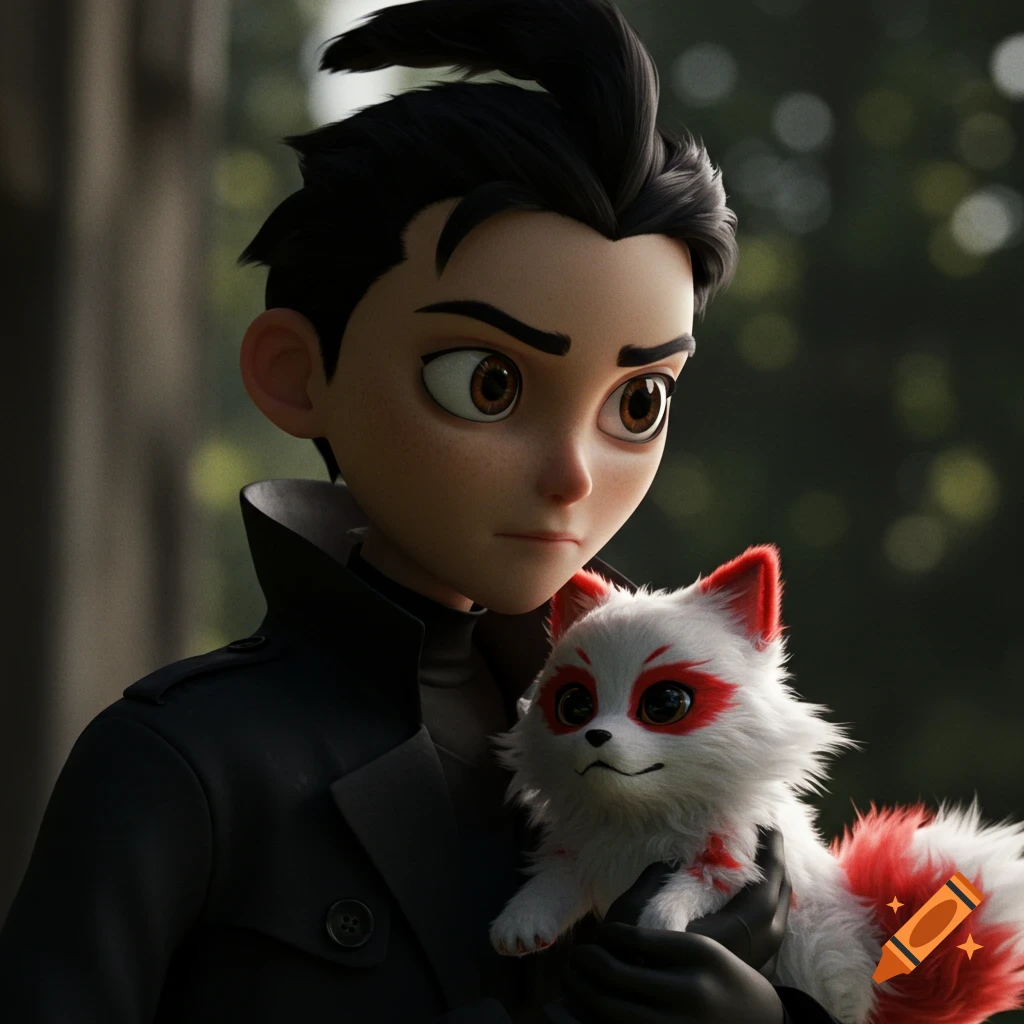 CGI style boy in a trench coat holding a white and red fluffy animal.
