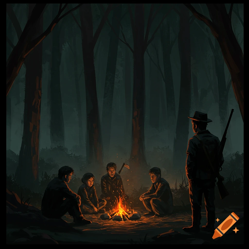 People around a campfire in a dark forest, one person stands with a rifle.