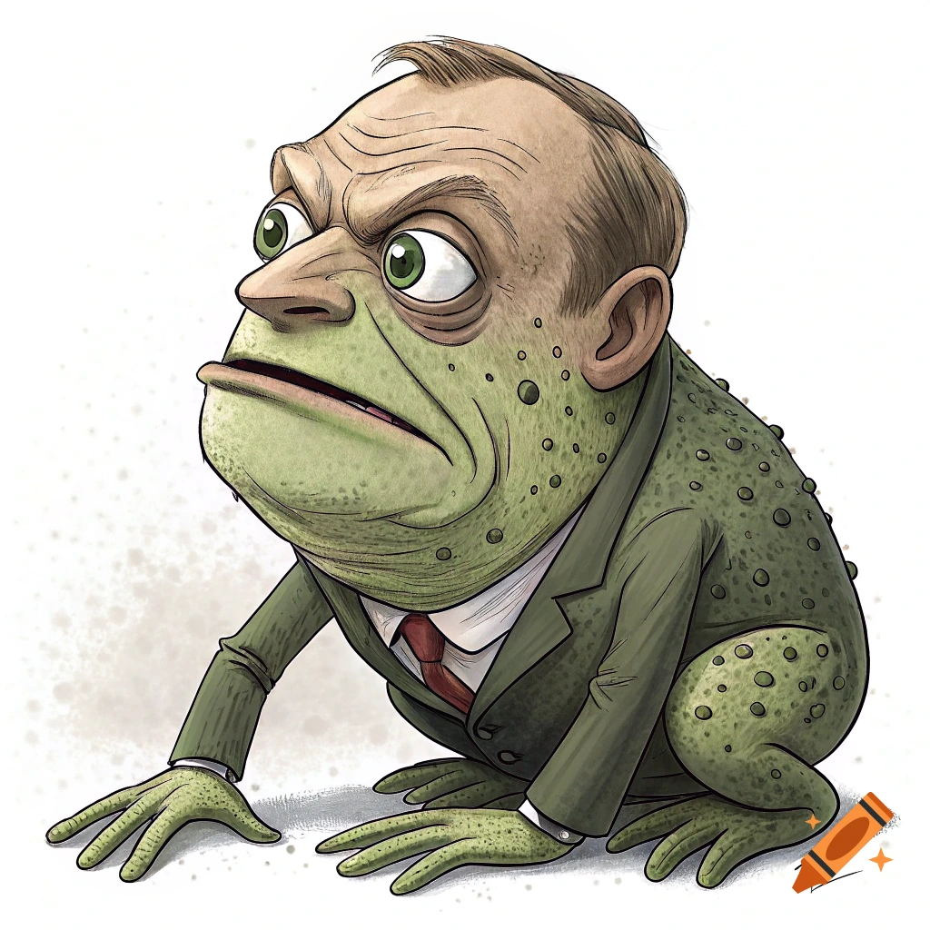 Caricature of a frog-like creature in a suit.