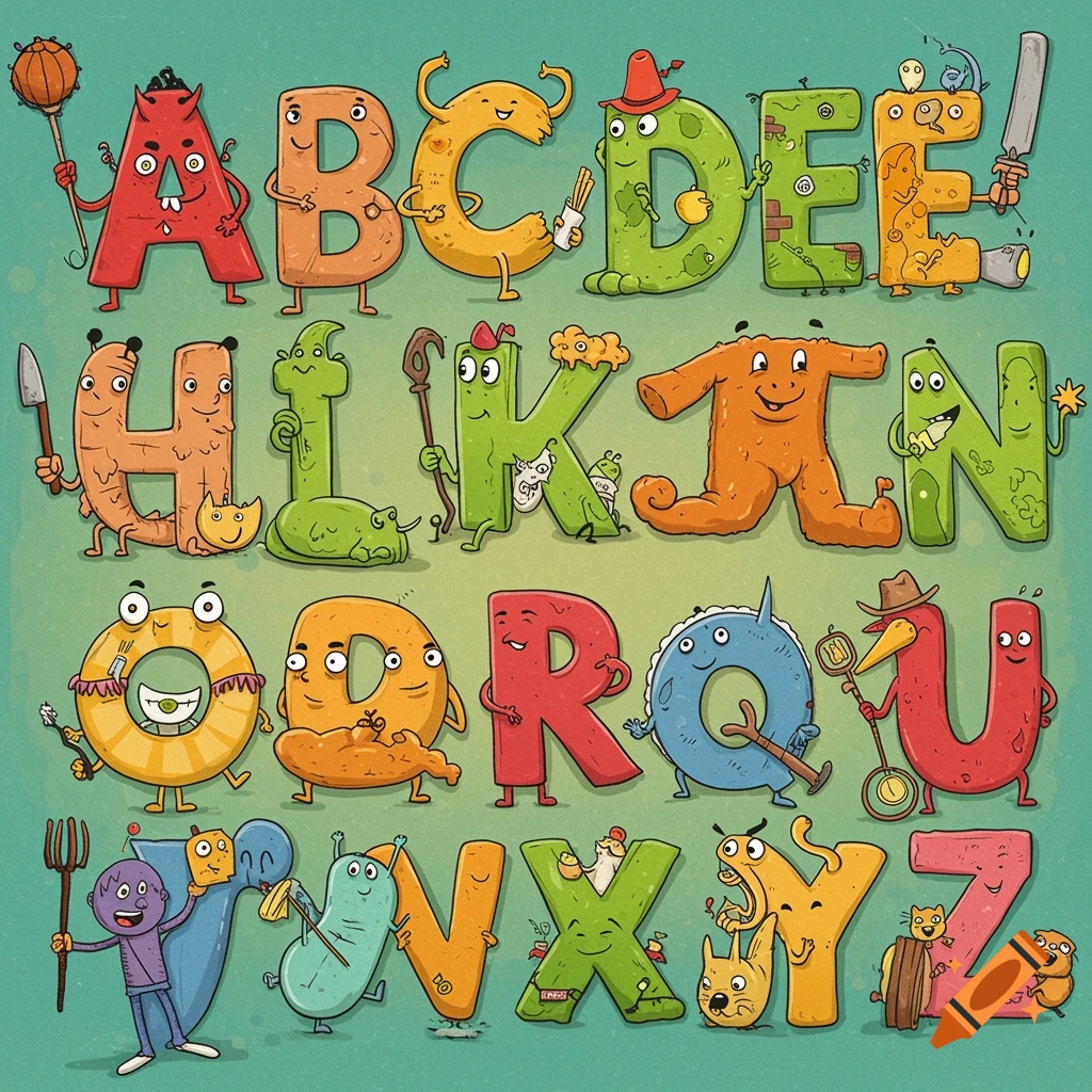 Colorful cartoon alphabet characters A-Z.
