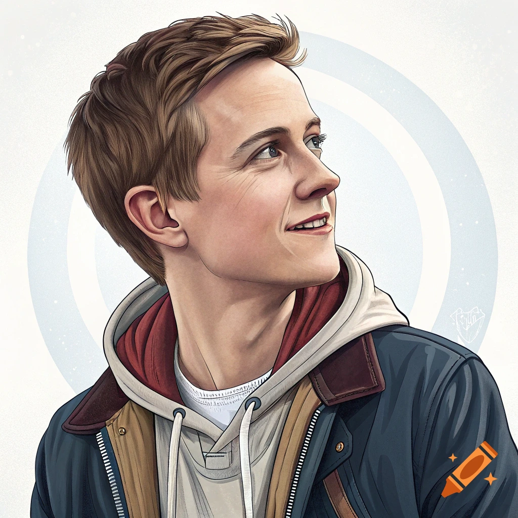 Illustrated portrait of a young man in a hoodie and jacket looking up and smiling.