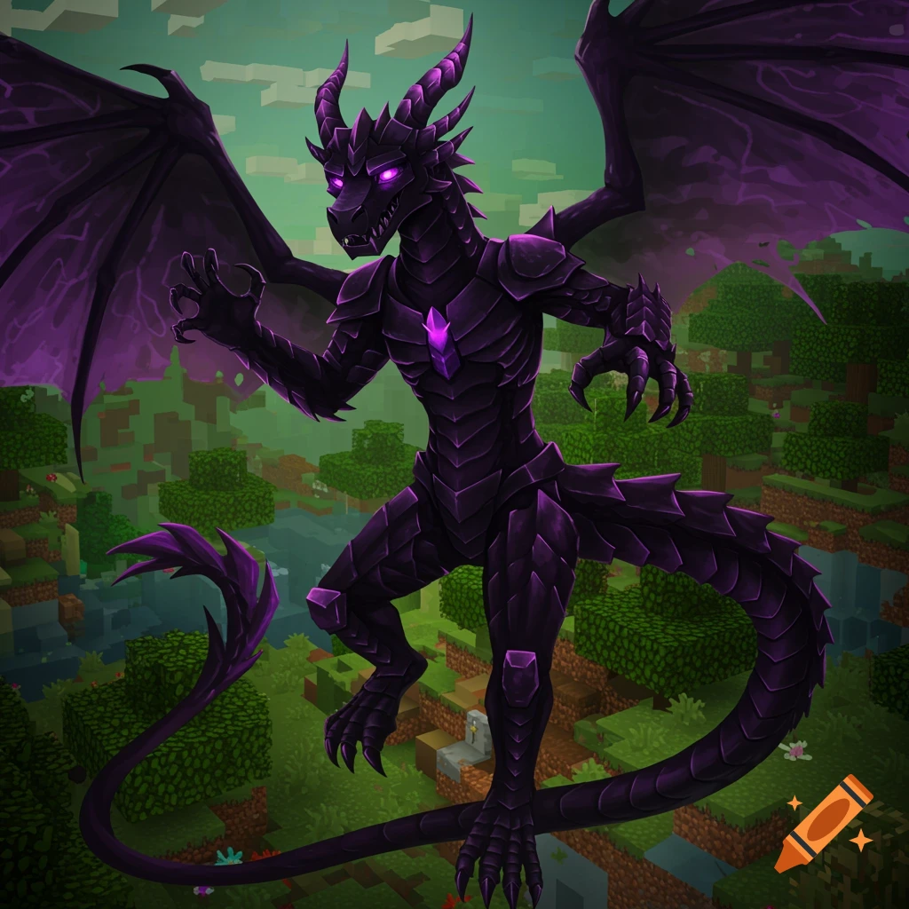 A purple Ender Dragon character soars over a blocky Minecraft landscape.