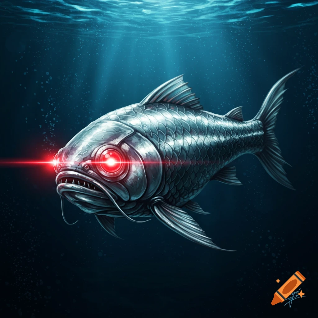 A metallic fish with glowing red eyes is shooting a laser beam underwater.