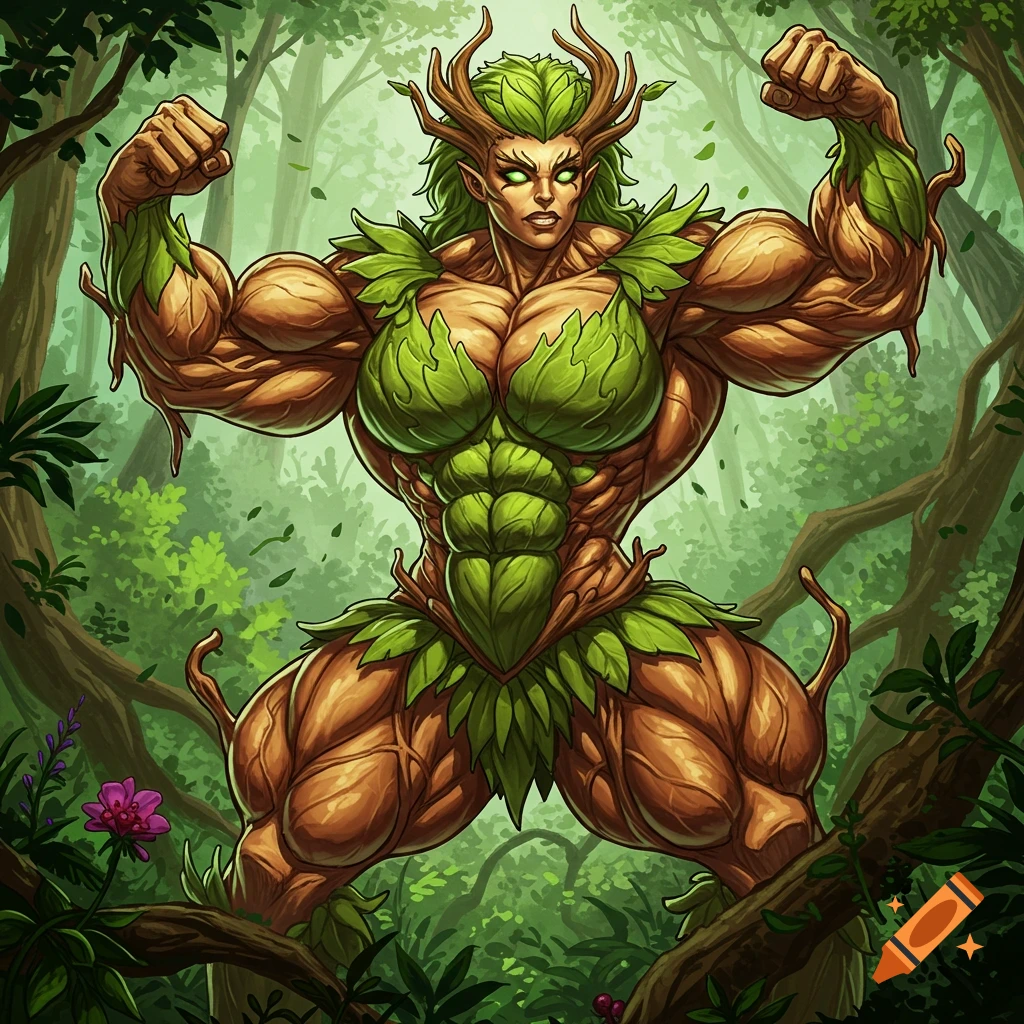 A muscular female fantasy creature flexing in a forest.