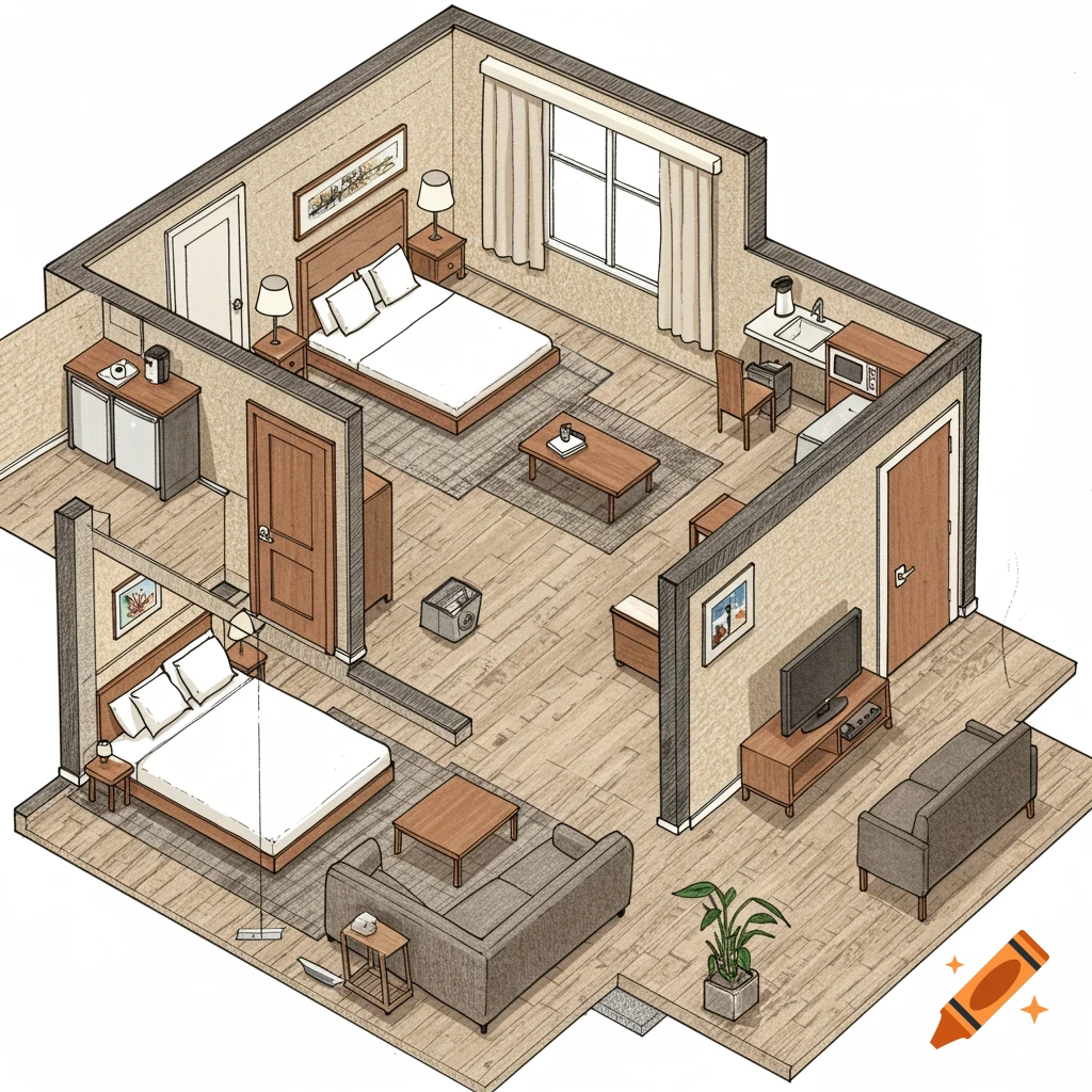 Isometric illustration of a room layout showing two beds, living area, and kitchenette.