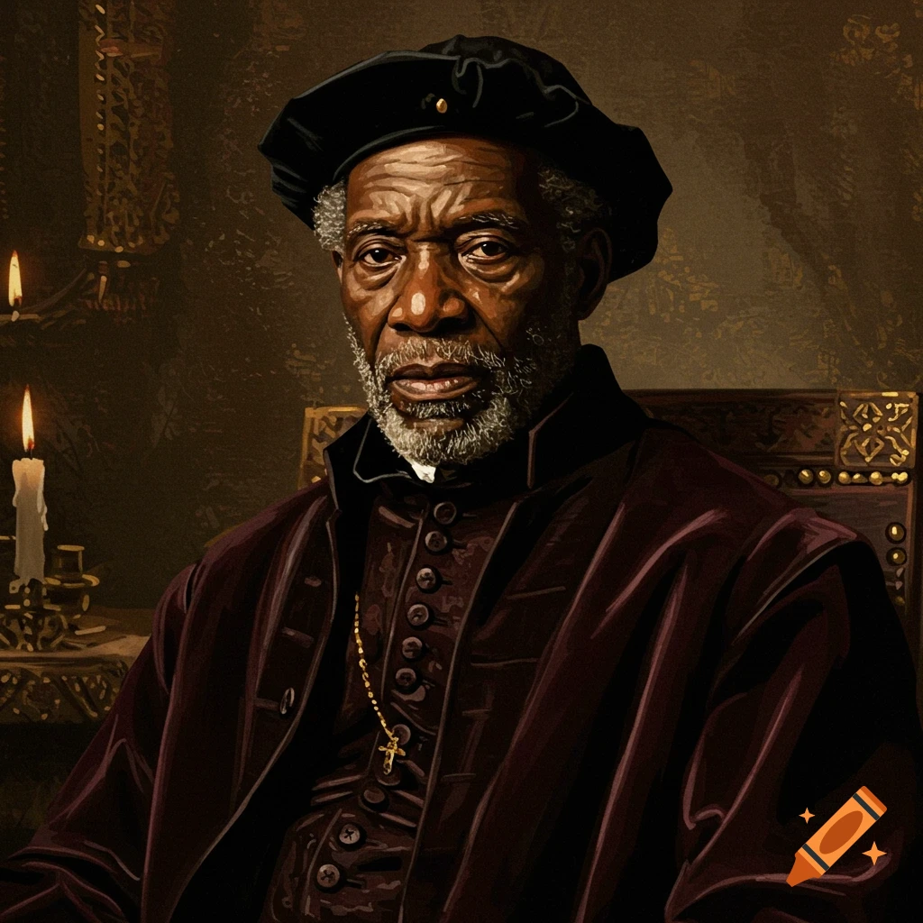 An old Black man in historical clothing sits in a chair.