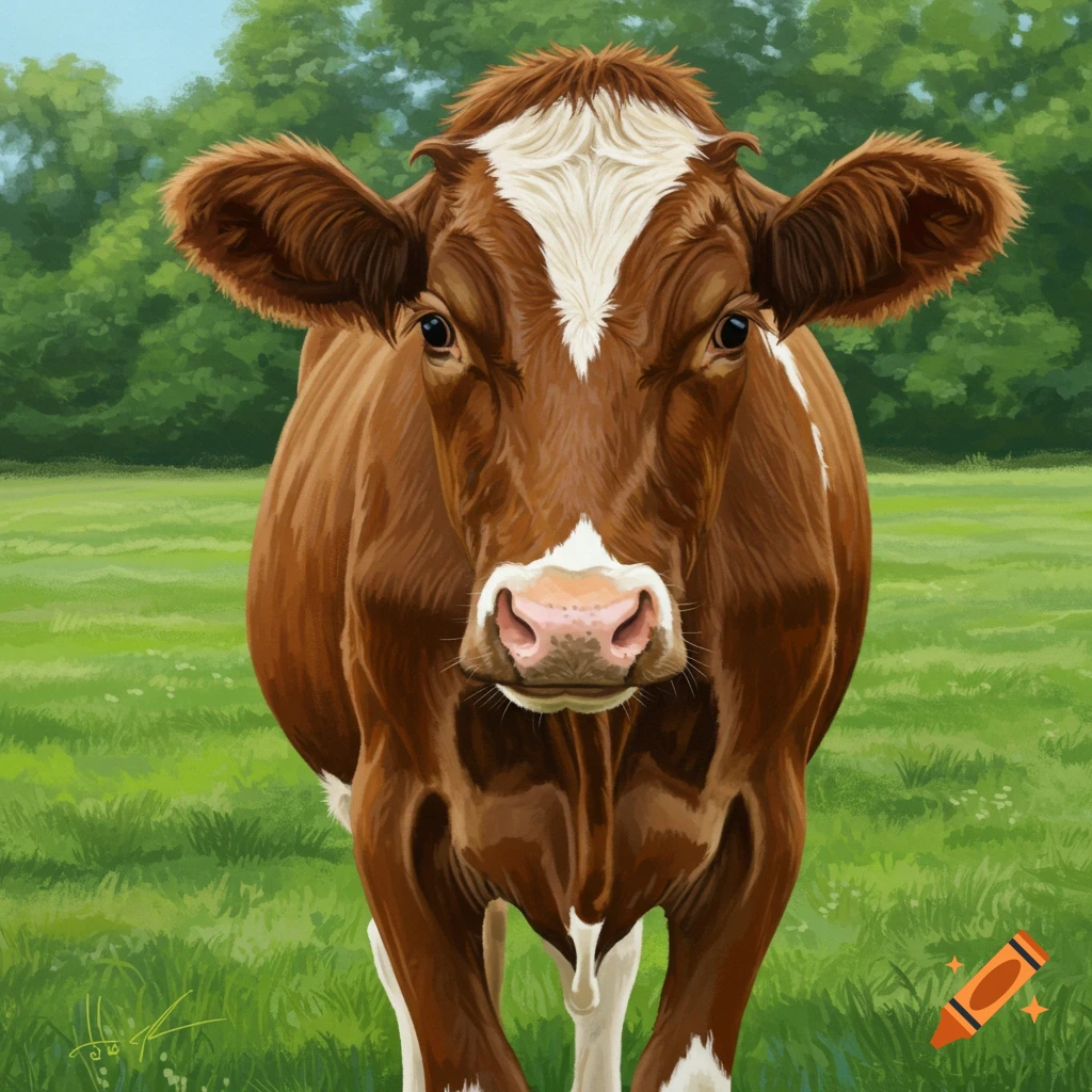 A brown and white cow in a grassy field.