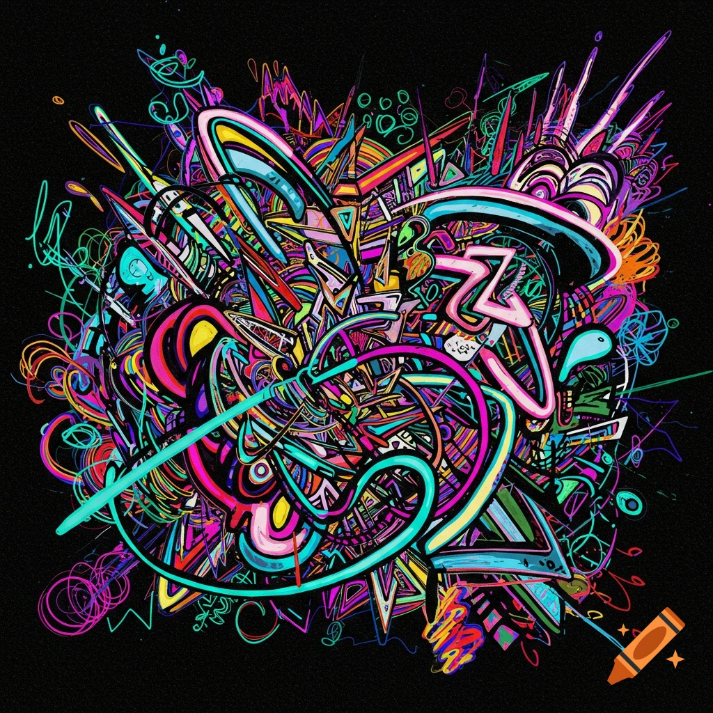 Vibrant abstract drawing with neon pink, blue, green, and yellow lines and shapes on a black background.