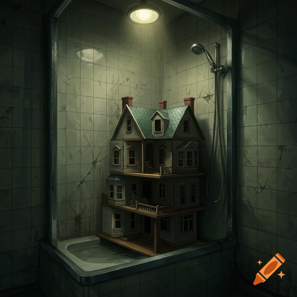 Dollhouse inside a shower stall.