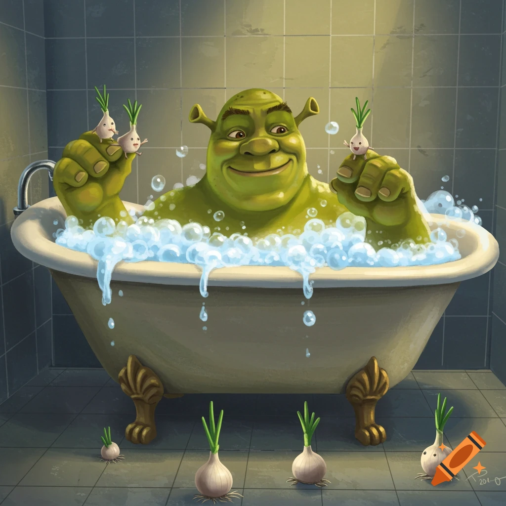 Shrek takes a bubble bath with tiny cartoon onions.