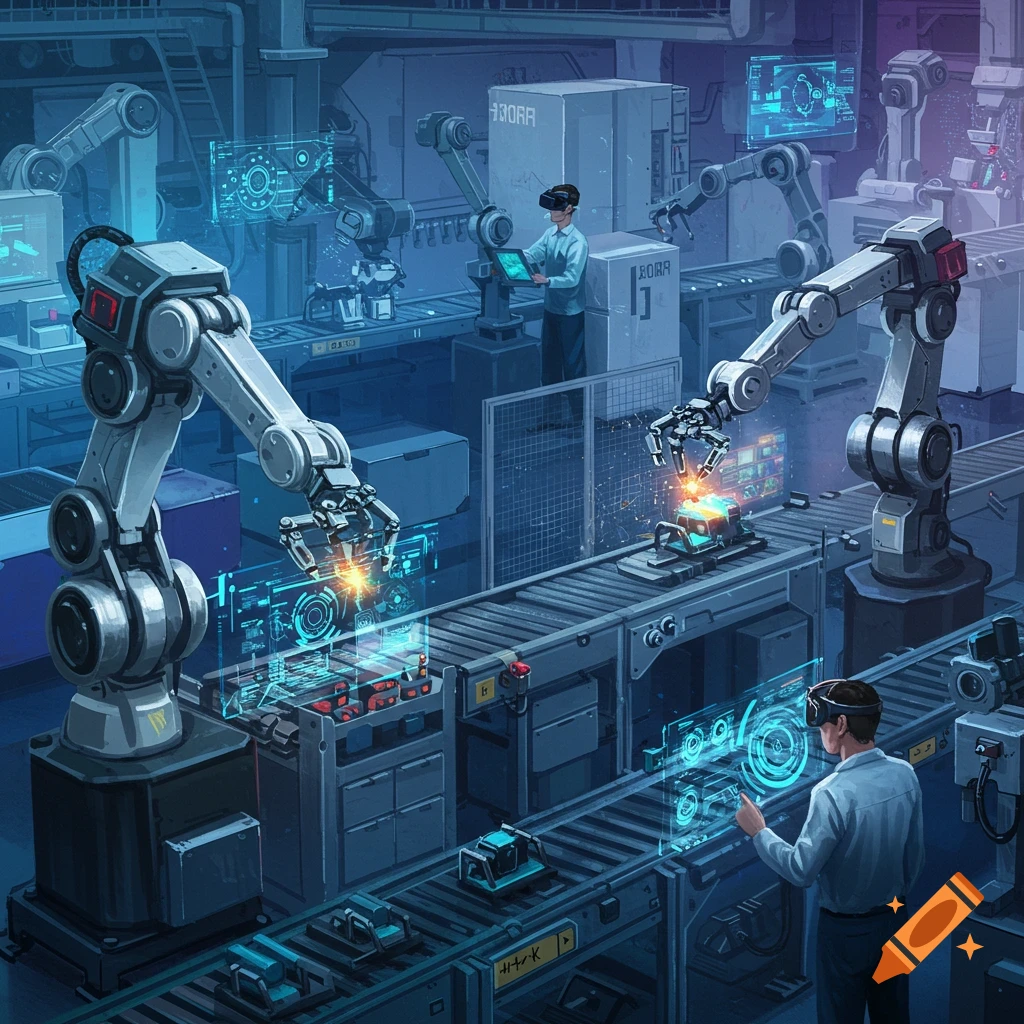 Futuristic manufacturing plant with robots, humans using VR, and holographic displays.