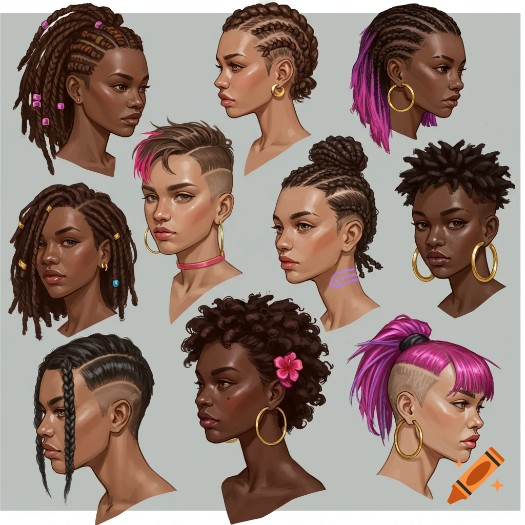 Nine portraits of women with diverse unique hairstyles.