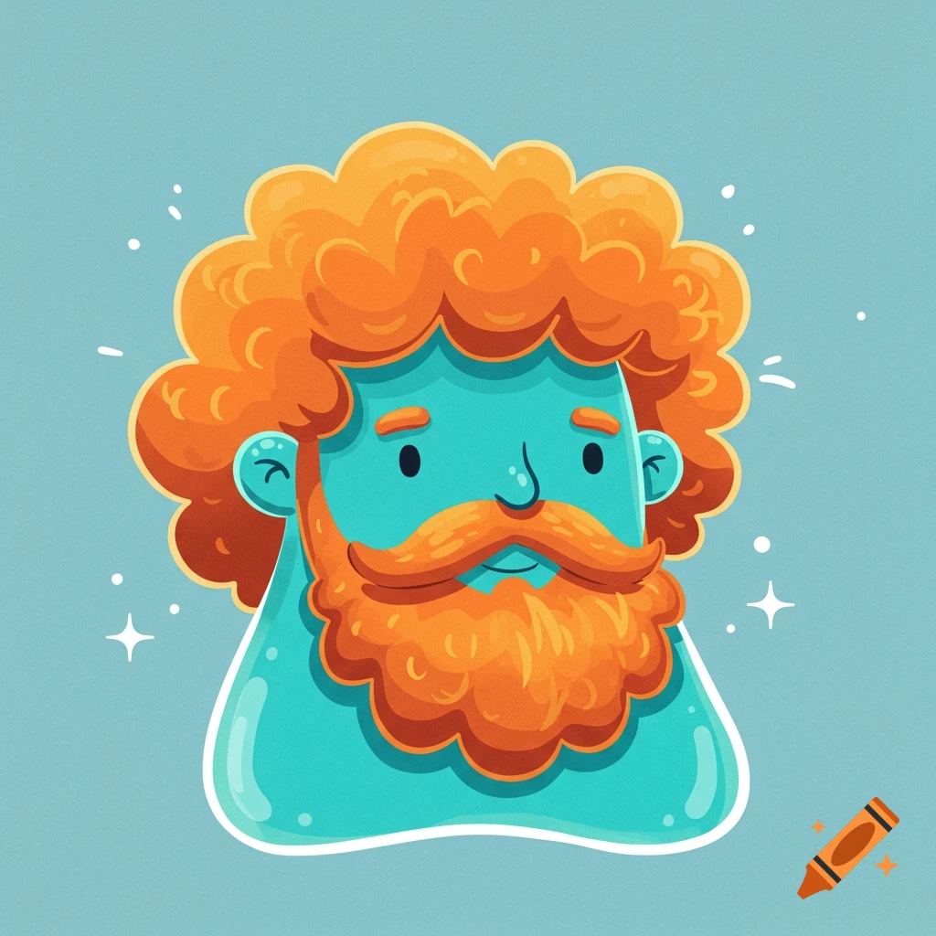 Illustration of a stylized blue head with orange curly hair and beard on a light blue background.