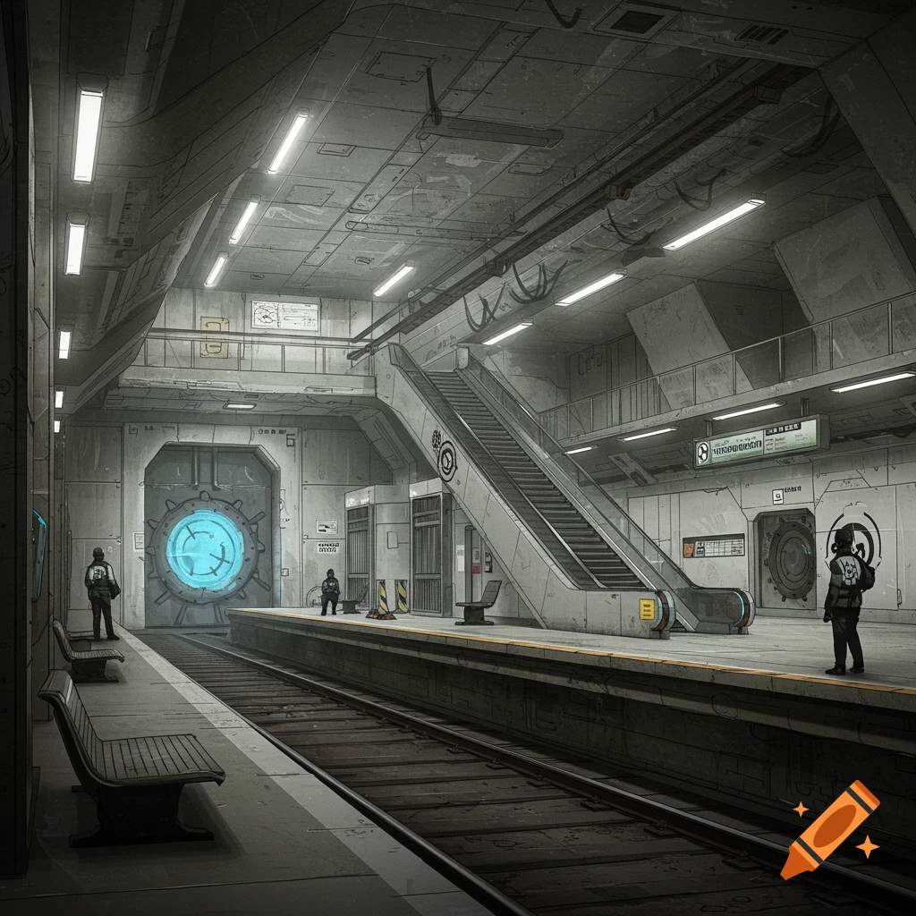 A brutalist sci-fi underground train station with large circular blast doors, an escalator, and a few figures.
