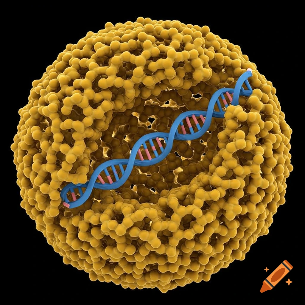 Scientific illustration of a yellow biological nanoparticle with a blue and pink DNA helix inside.