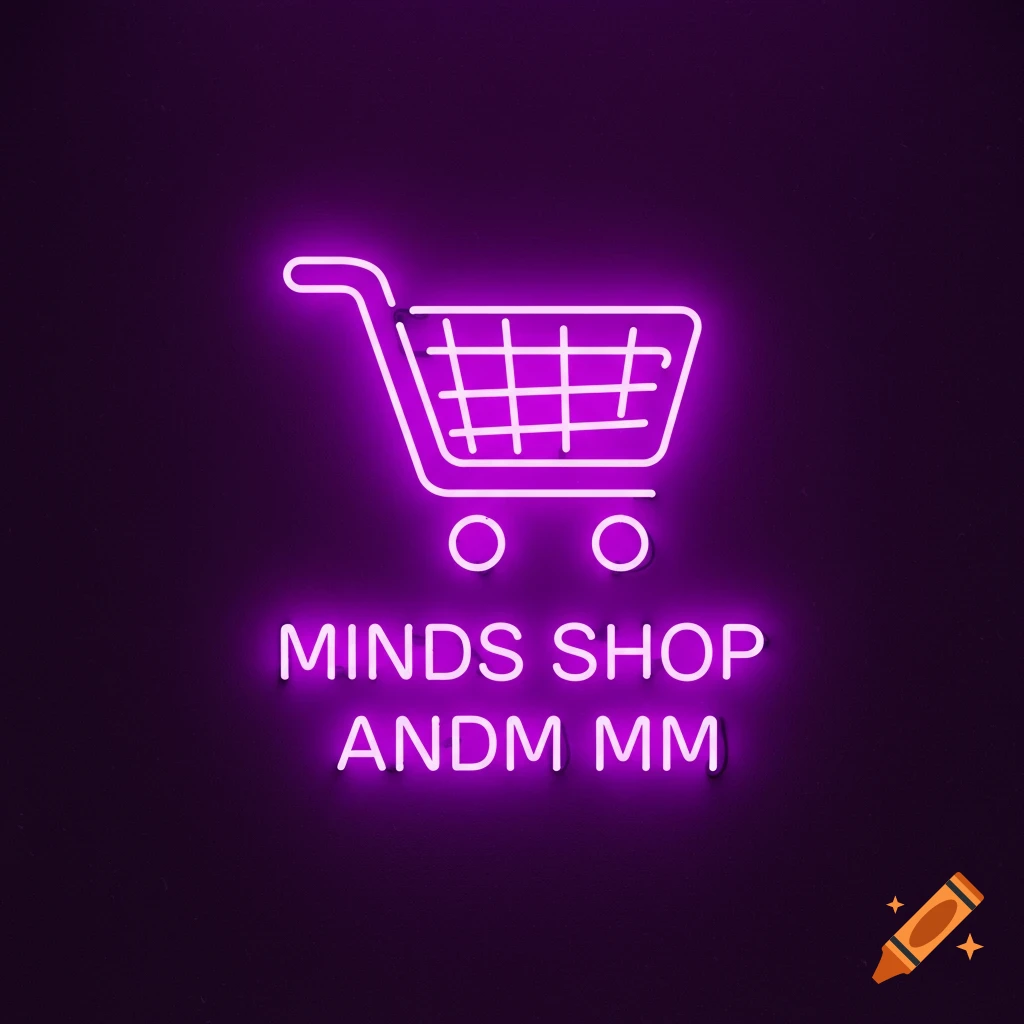 Purple neon sign depicting a shopping cart and the text 'MINDS SHOP ANDM MM'