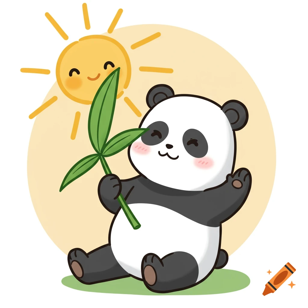 A cartoon panda sits on grass fanning itself with a bamboo leaf under a smiling sun.